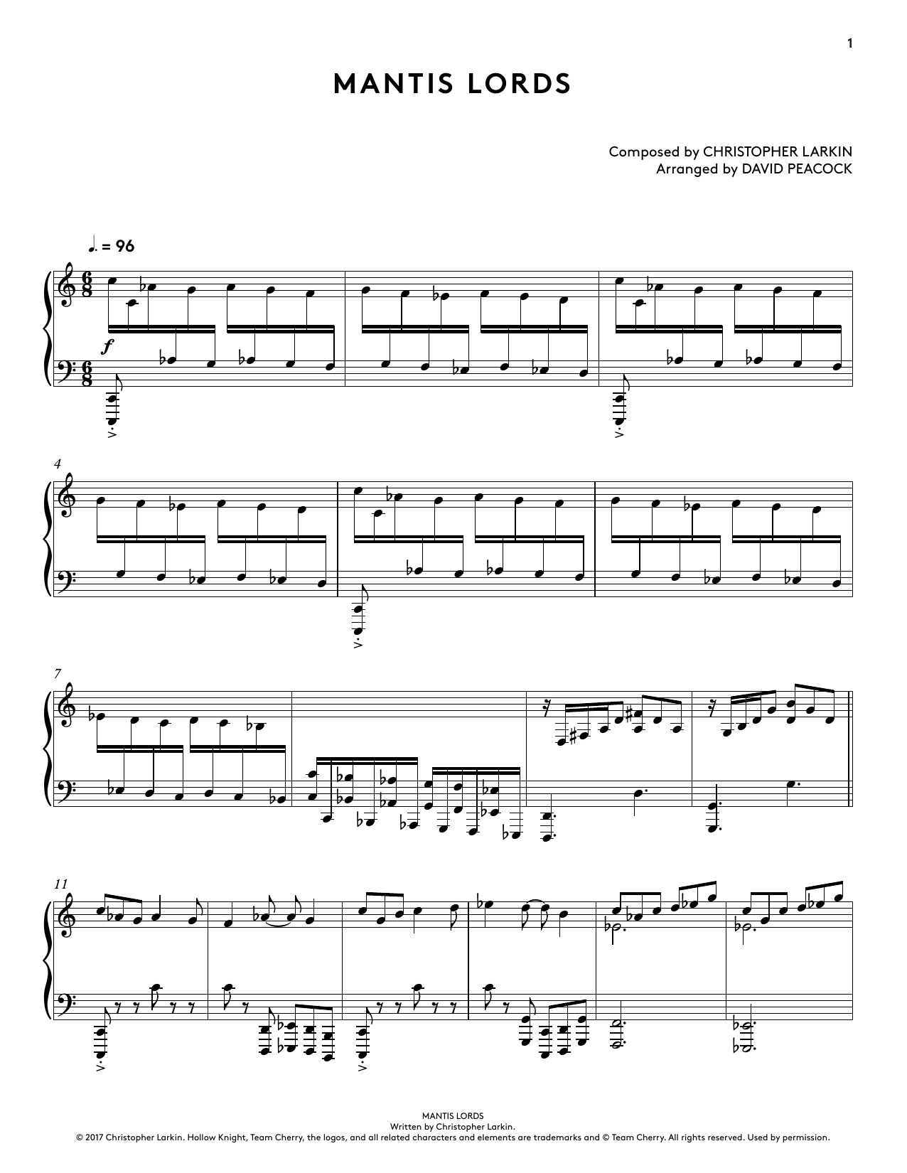 Christopher Larkin Mantis Lords (from Hollow Knight Piano Collections) (arr. David Peacock) sheet music notes and chords arranged for Piano Solo