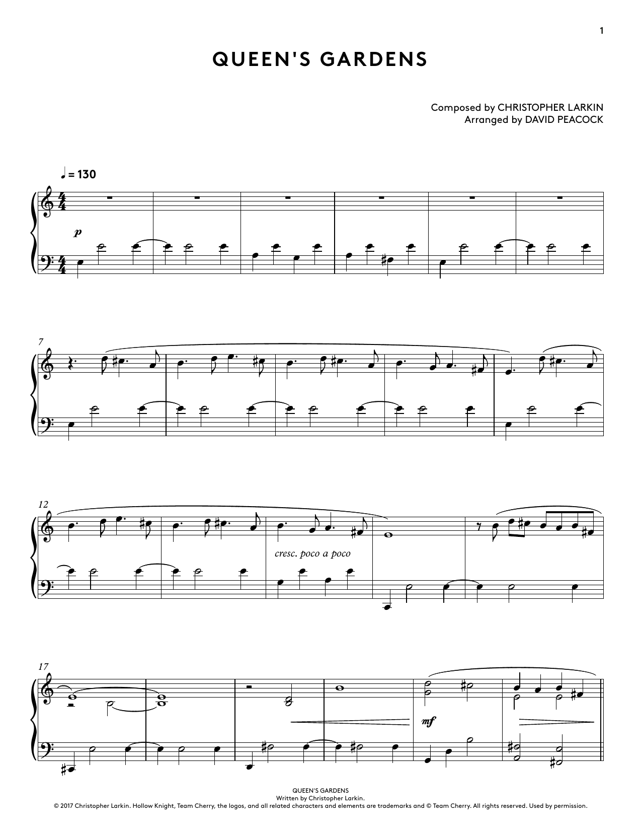 Christopher Larkin Queen's Gardens (from Hollow Knight Piano Collections) (arr. David Peacock) sheet music notes and chords arranged for Piano Solo