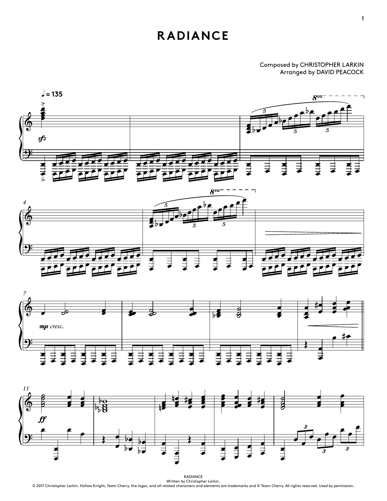 Christopher Larkin Radiance (from Hollow Knight Piano Collections) (arr. David Peacock) sheet music notes and chords arranged for Piano Solo