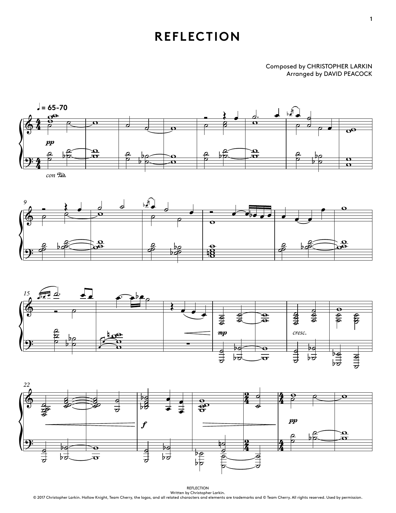 Christopher Larkin Reflection (from Hollow Knight Piano Collections) (arr. David Peacock) sheet music notes and chords arranged for Piano Solo