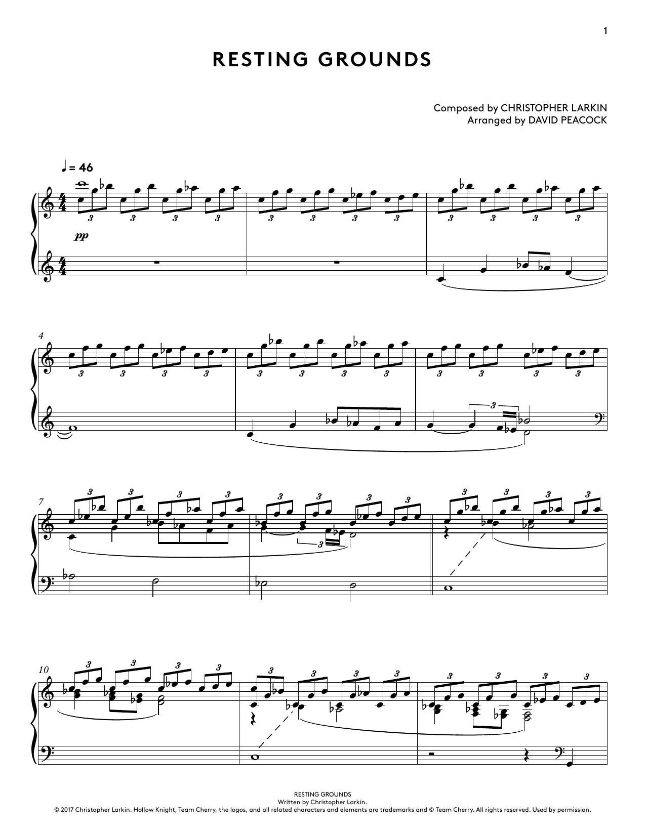 Christopher Larkin Resting Grounds (from Hollow Knight Piano Collections) (arr. David Peacock) sheet music notes and chords arranged for Piano Solo