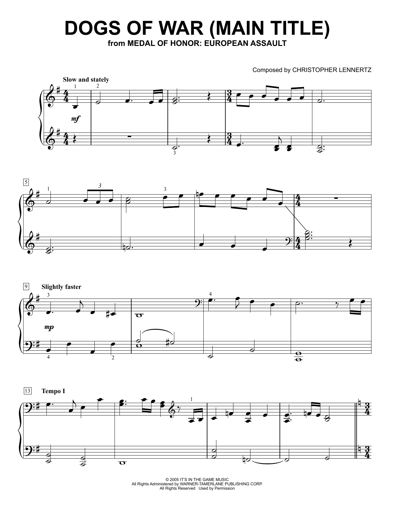 Christopher Lennertz Dogs Of War (Main Title) (from Medal of Honor: European Assault) sheet music notes and chords arranged for Easy Piano Solo