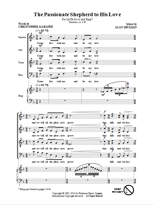 Christopher Marlowe The Passionate Shepherd To His Love sheet music notes and chords arranged for SATB Choir