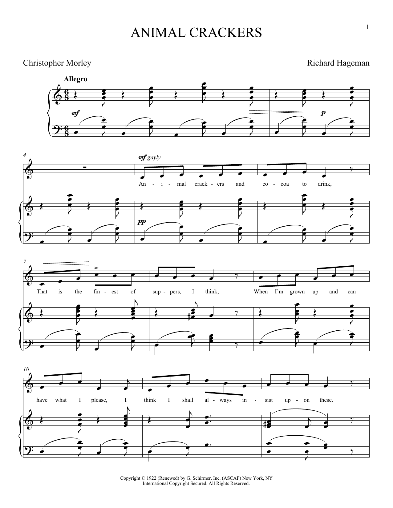 Christopher Morley Animal Crackers sheet music notes and chords arranged for Piano & Vocal