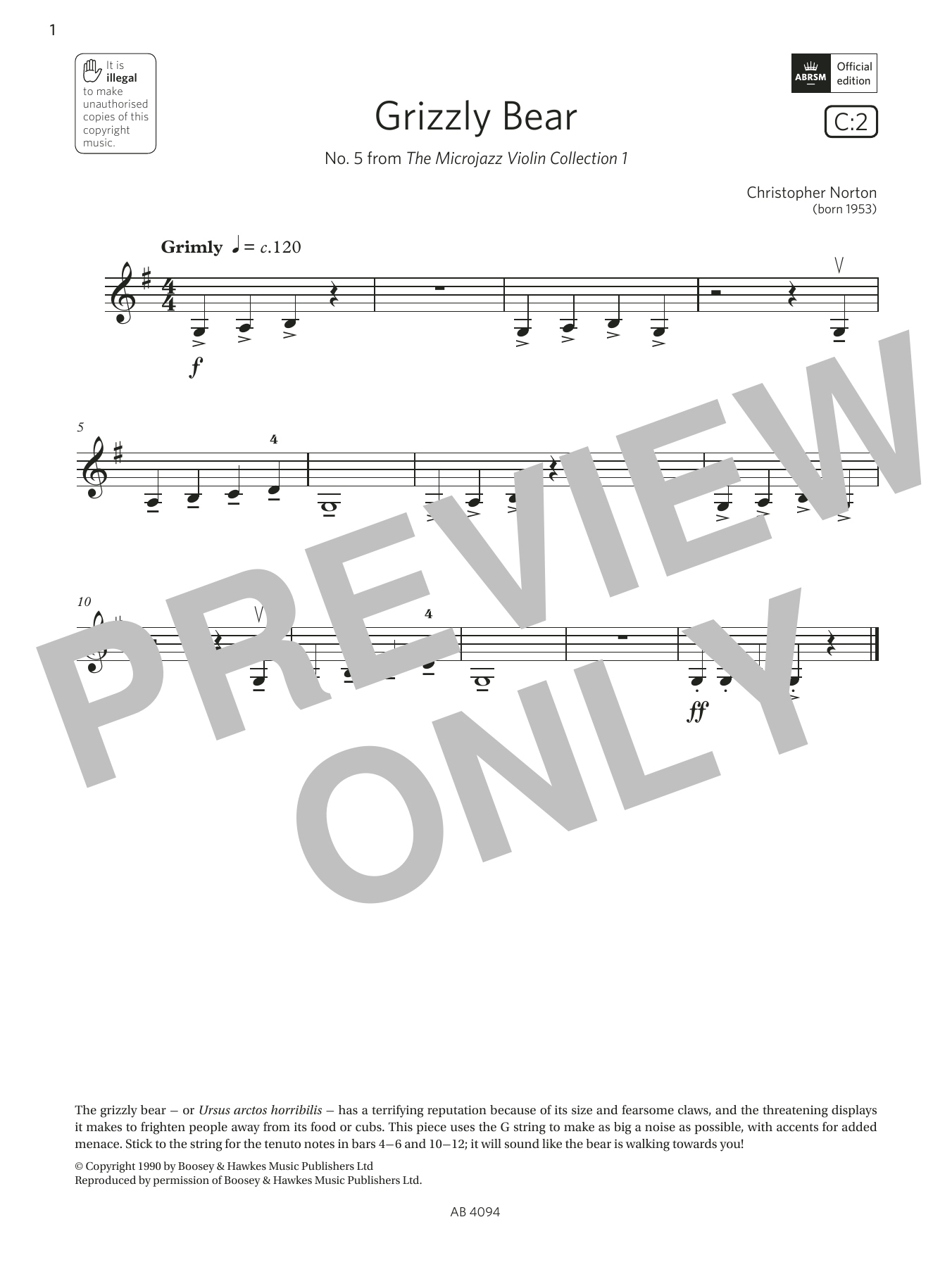 Christopher Norton Grizzly Bear (Grade Initial, C2, from the ABRSM Violin Syllabus from 2024) sheet music notes and chords arranged for Violin Solo