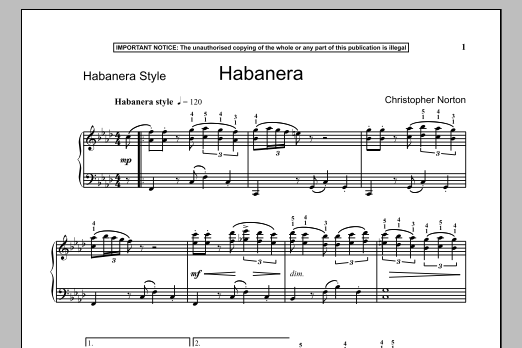 Christopher Norton Habanera sheet music notes and chords arranged for Piano Solo