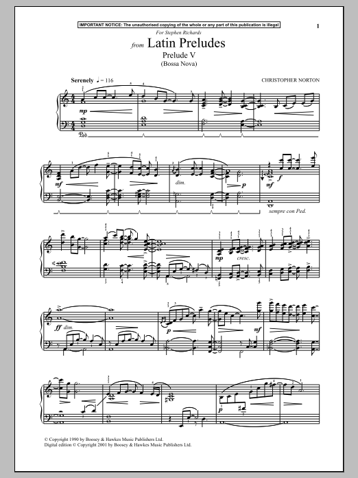 Christopher Norton Latin Preludes, Prelude V (Bossa Nova) sheet music notes and chords arranged for Piano Solo