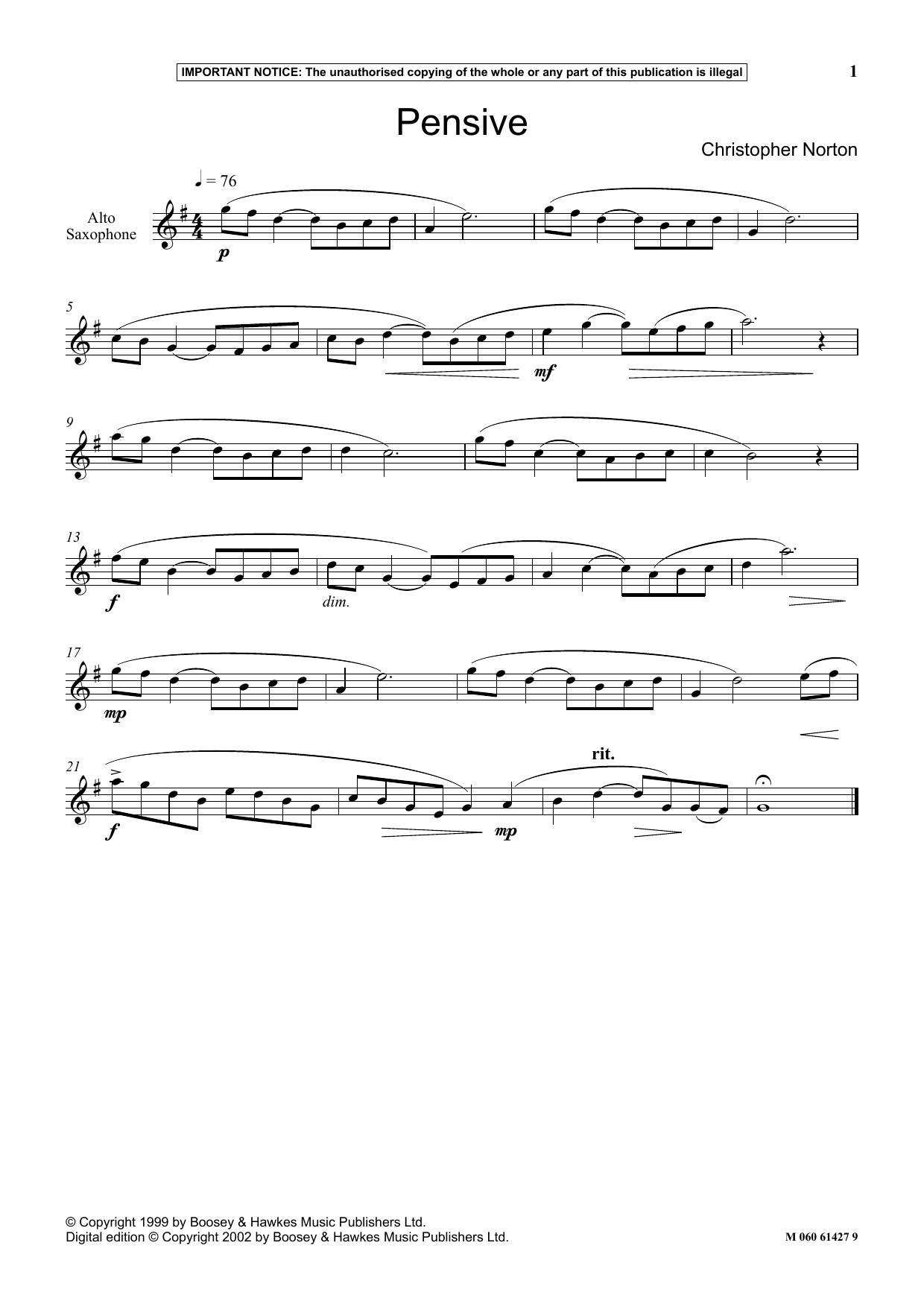 Christopher Norton Pensive sheet music notes and chords arranged for Instrumental Solo