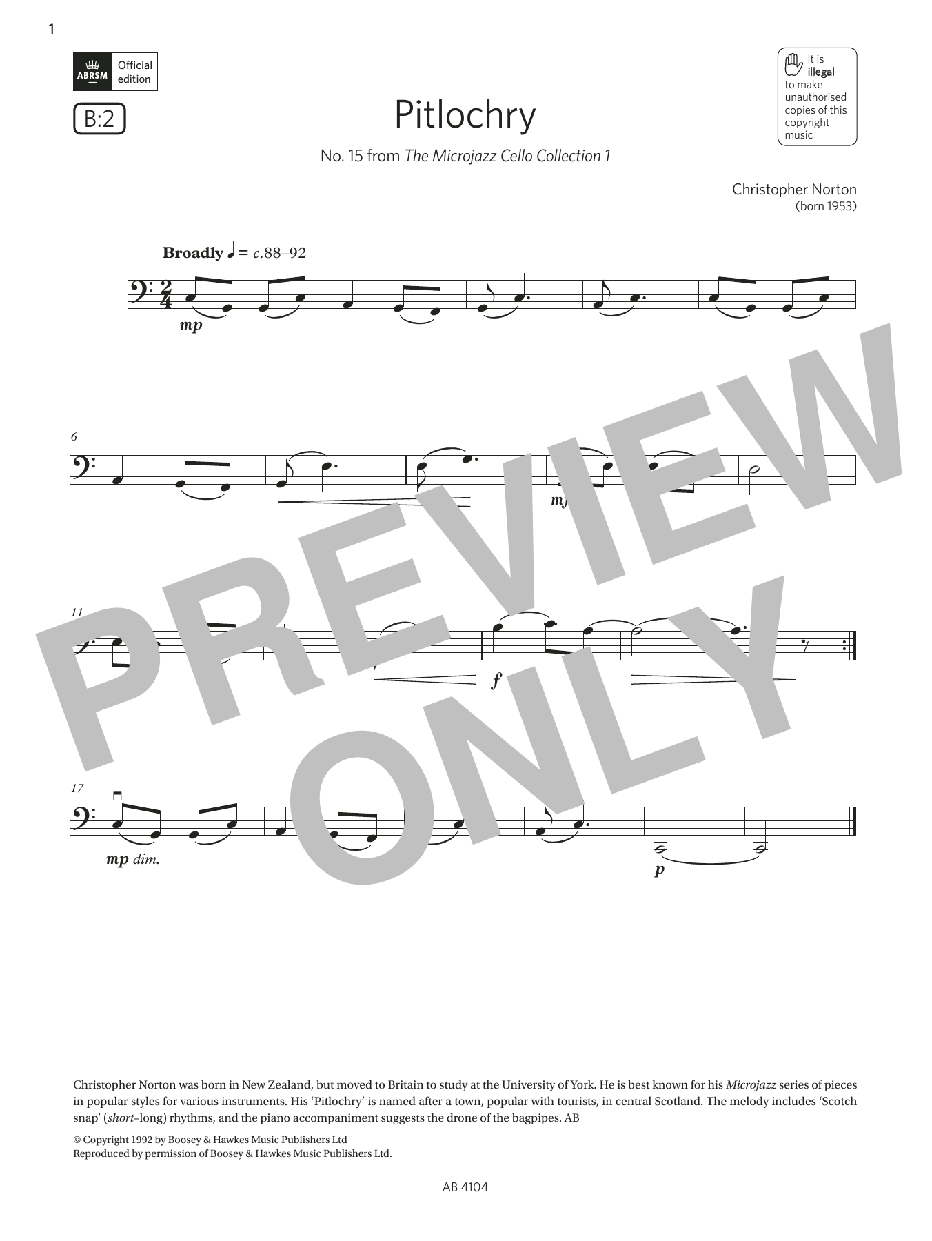 Christopher Norton Pitlochry (Grade 1, B2, from the ABRSM Cello Syllabus from 2024) sheet music notes and chords arranged for Cello Solo