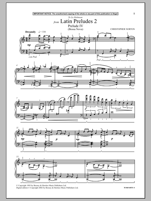 Christopher Norton Prelude IV (Bossa Nova) (from Latin Preludes 2) sheet music notes and chords arranged for Piano Solo