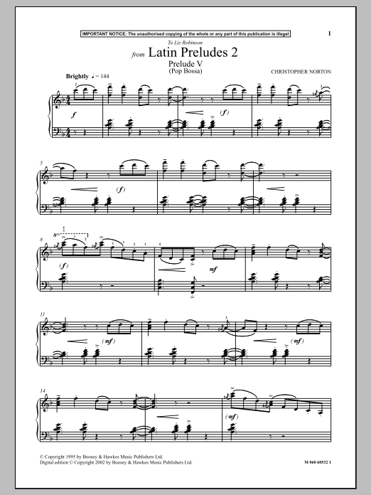 Christopher Norton Prelude V (Pop Bossa) (from Latin Preludes 2) sheet music notes and chords arranged for Piano Solo