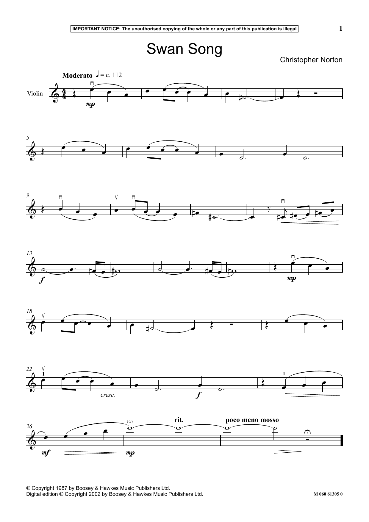Christopher Norton Swan Song sheet music notes and chords arranged for Instrumental Solo