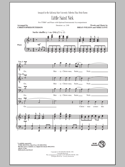 Christopher Peterson Little Saint Nick sheet music notes and chords arranged for TTBB Choir