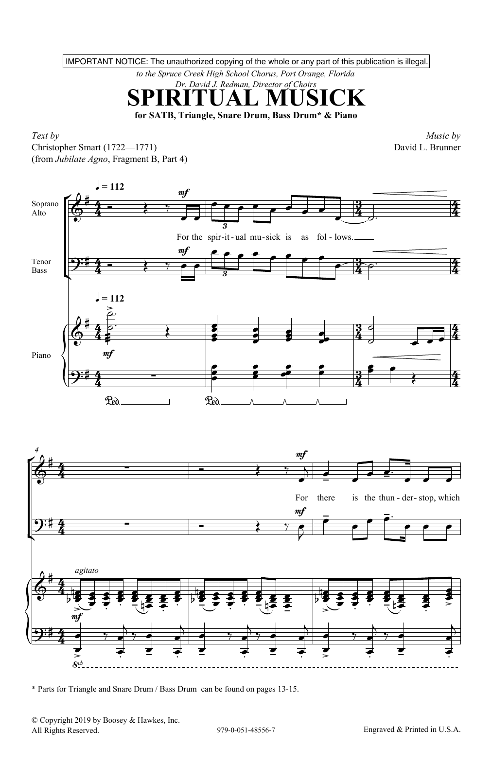 Christopher Smart and David L. Brunner Spiritual Musick sheet music notes and chords arranged for SATB Choir