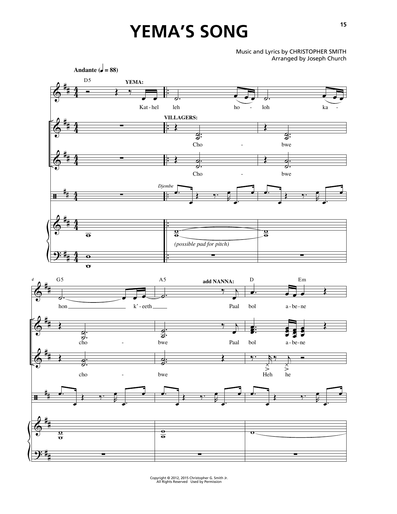 Christopher Smith Yema's Song sheet music notes and chords arranged for Piano & Vocal