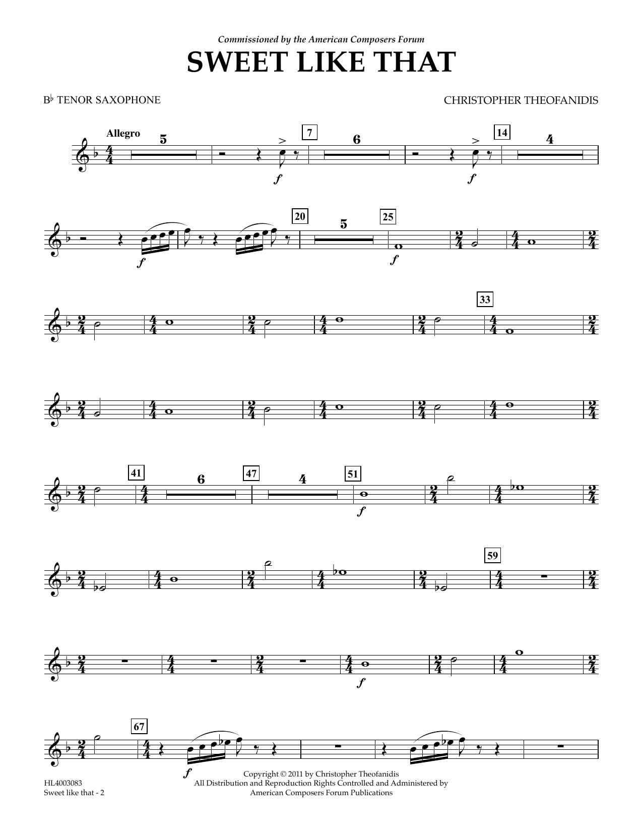 Christopher Theofanidis Sweet like that - Bb Tenor Sax sheet music notes and chords arranged for Concert Band