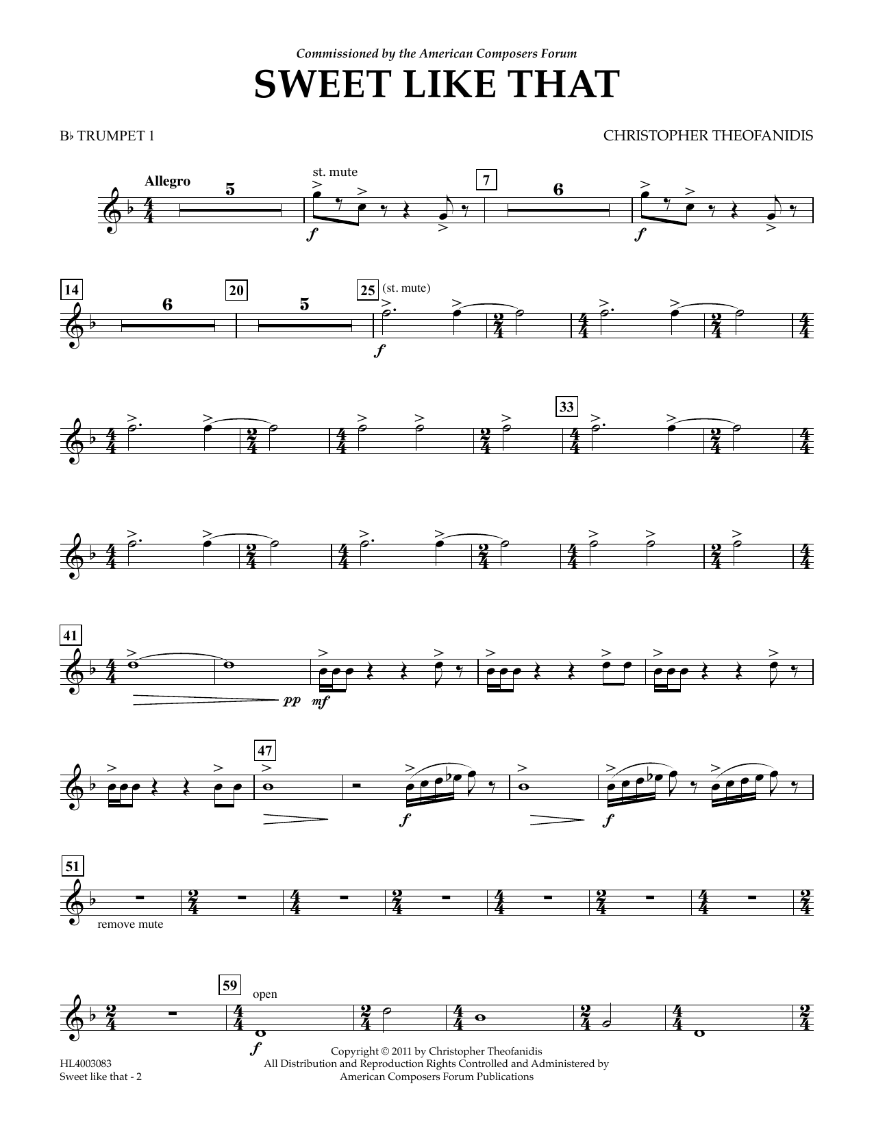 Christopher Theofanidis Sweet like that - Bb Trumpet 1 sheet music notes and chords arranged for Concert Band