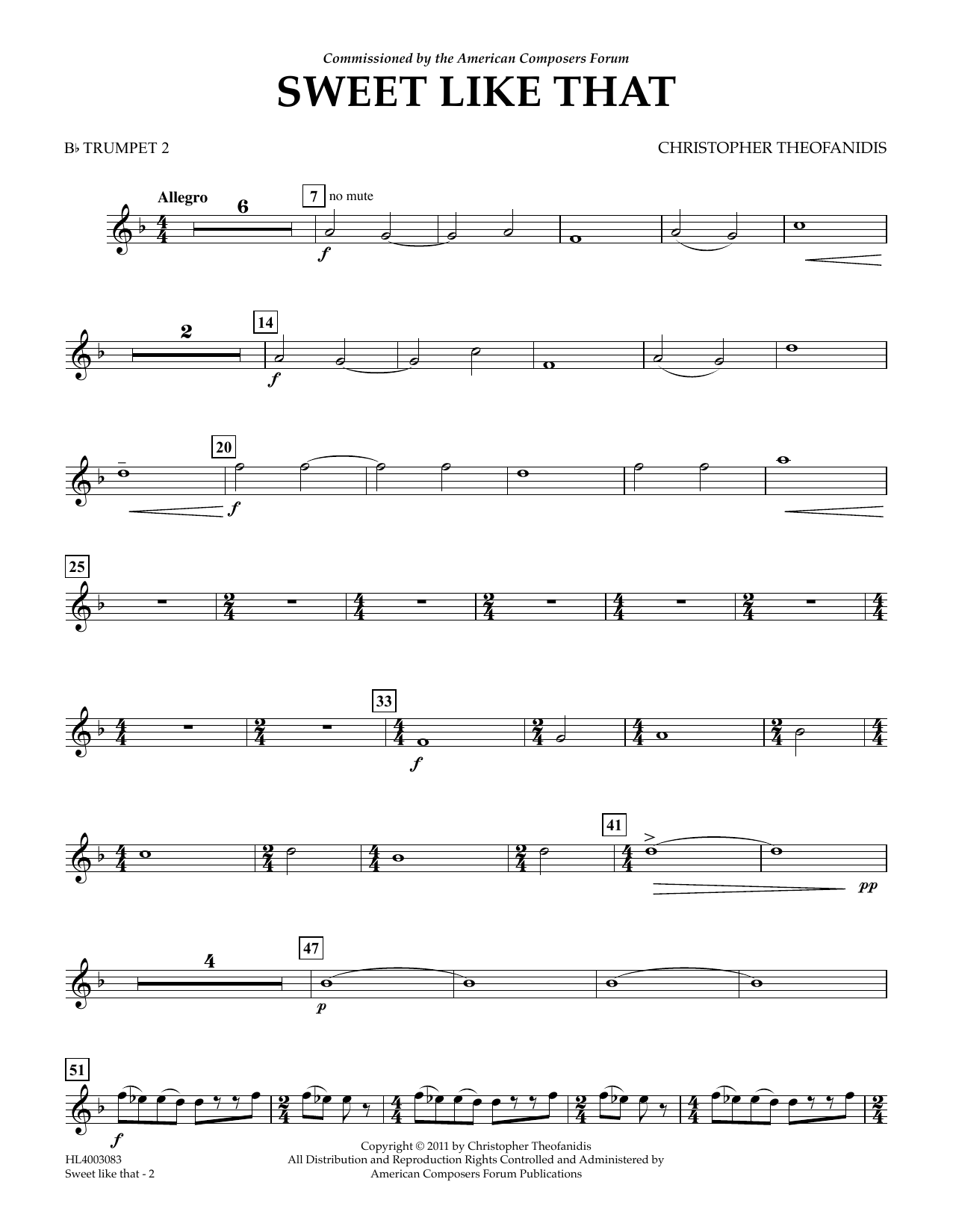 Christopher Theofanidis Sweet like that - Bb Trumpet 2 sheet music notes and chords arranged for Concert Band