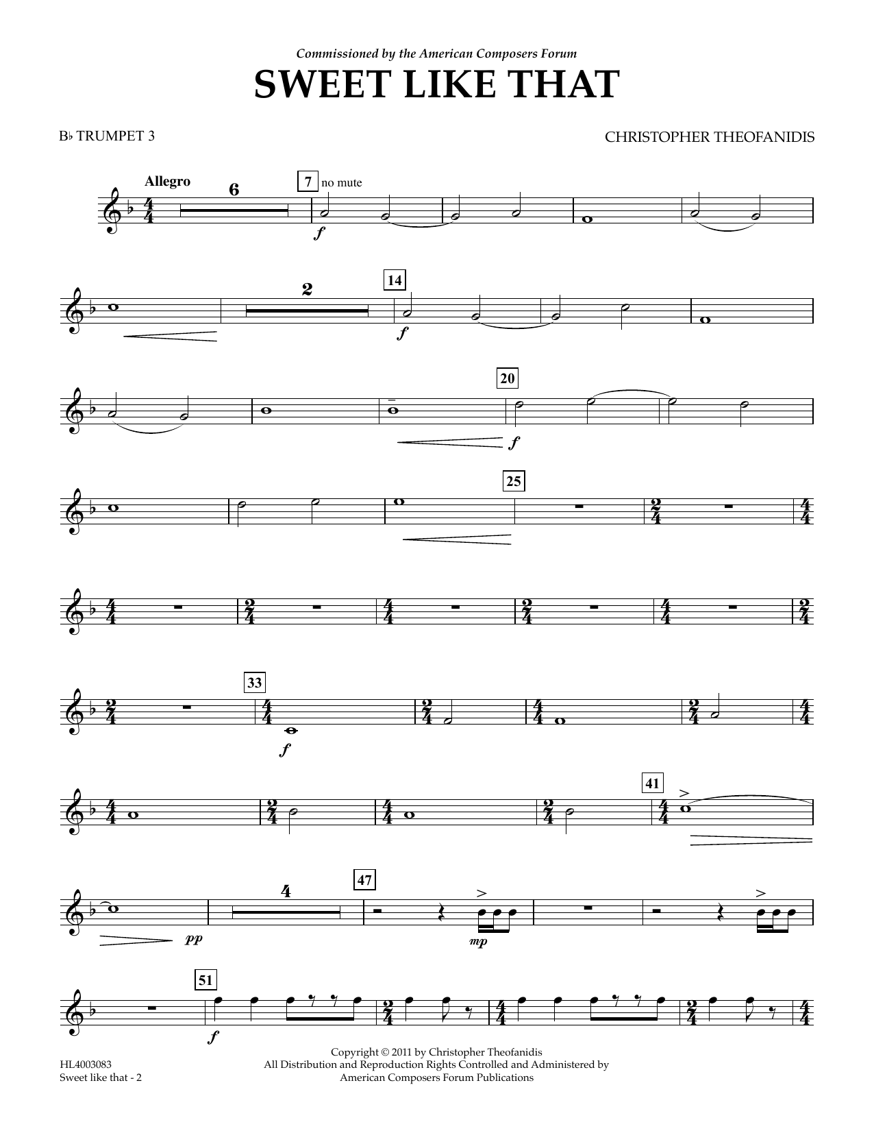 Christopher Theofanidis Sweet like that - Bb Trumpet 3 sheet music notes and chords arranged for Concert Band