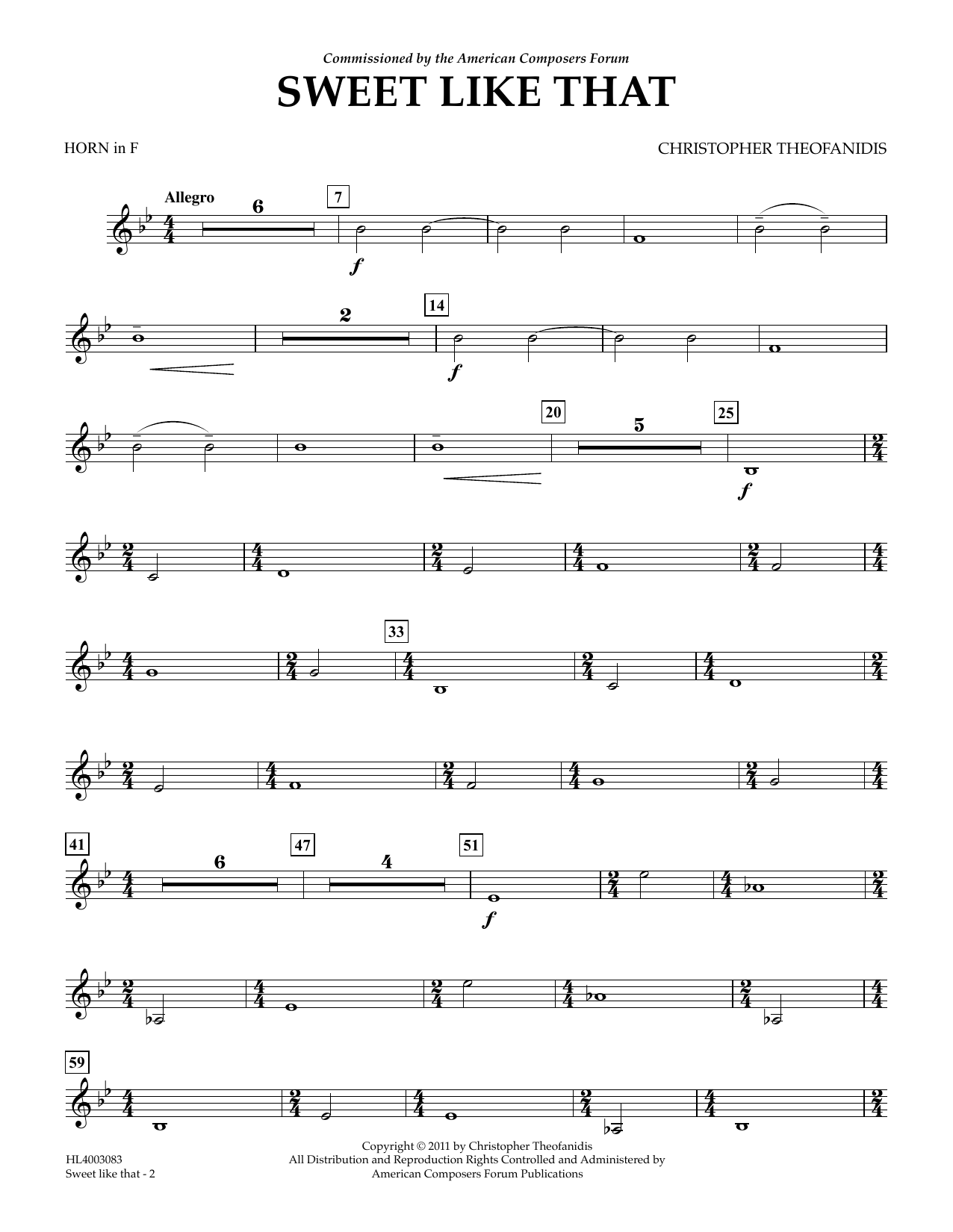 Christopher Theofanidis Sweet like that - Horn in F sheet music notes and chords arranged for Concert Band