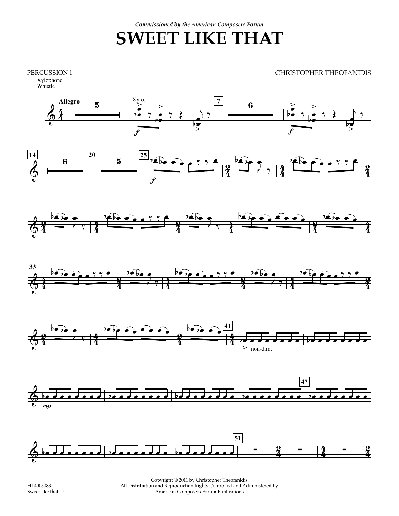 Christopher Theofanidis Sweet like that - Percussion I sheet music notes and chords arranged for Concert Band