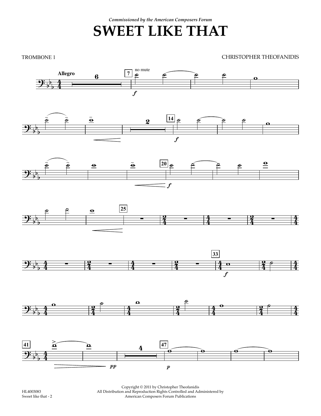 Christopher Theofanidis Sweet like that - Trombone 1 sheet music notes and chords arranged for Concert Band