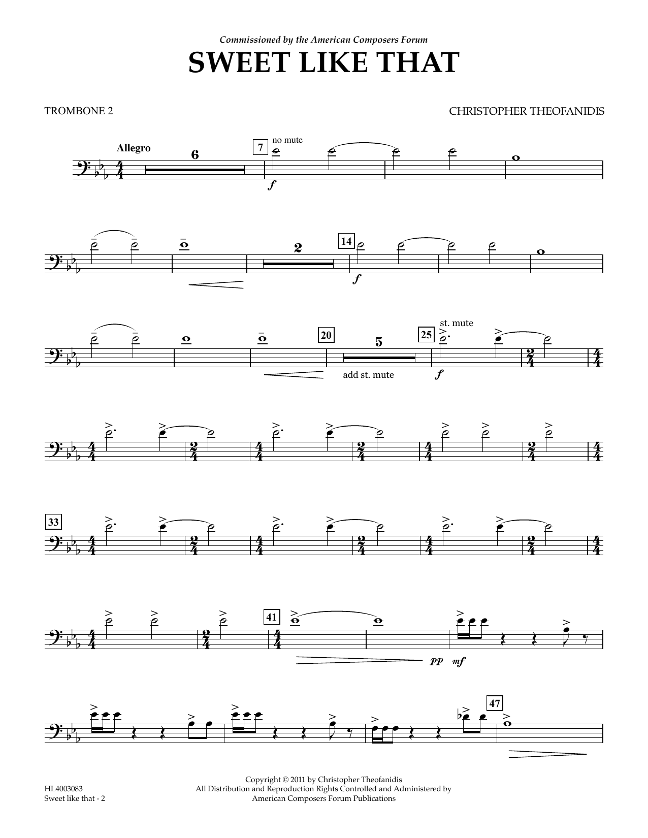 Christopher Theofanidis Sweet like that - Trombone 2 sheet music notes and chords arranged for Concert Band
