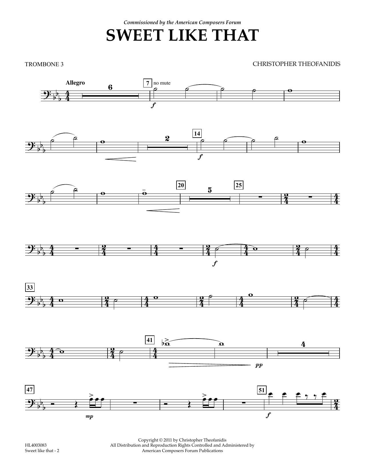 Christopher Theofanidis Sweet like that - Trombone 3 sheet music notes and chords arranged for Concert Band