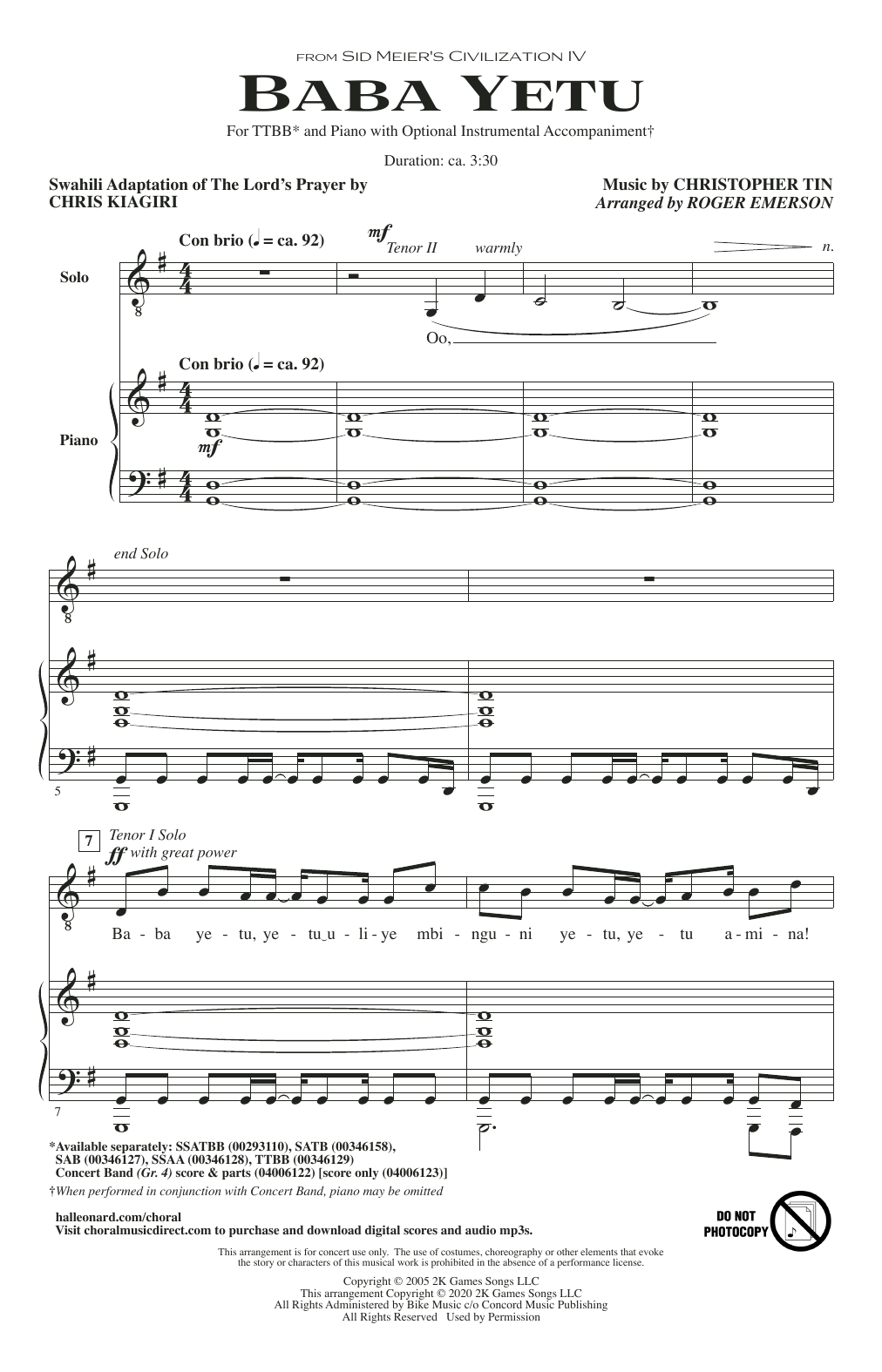 Christopher Tin Baba Yetu (from Civilization IV) (arr. Roger Emerson) sheet music notes and chords arranged for TTBB Choir