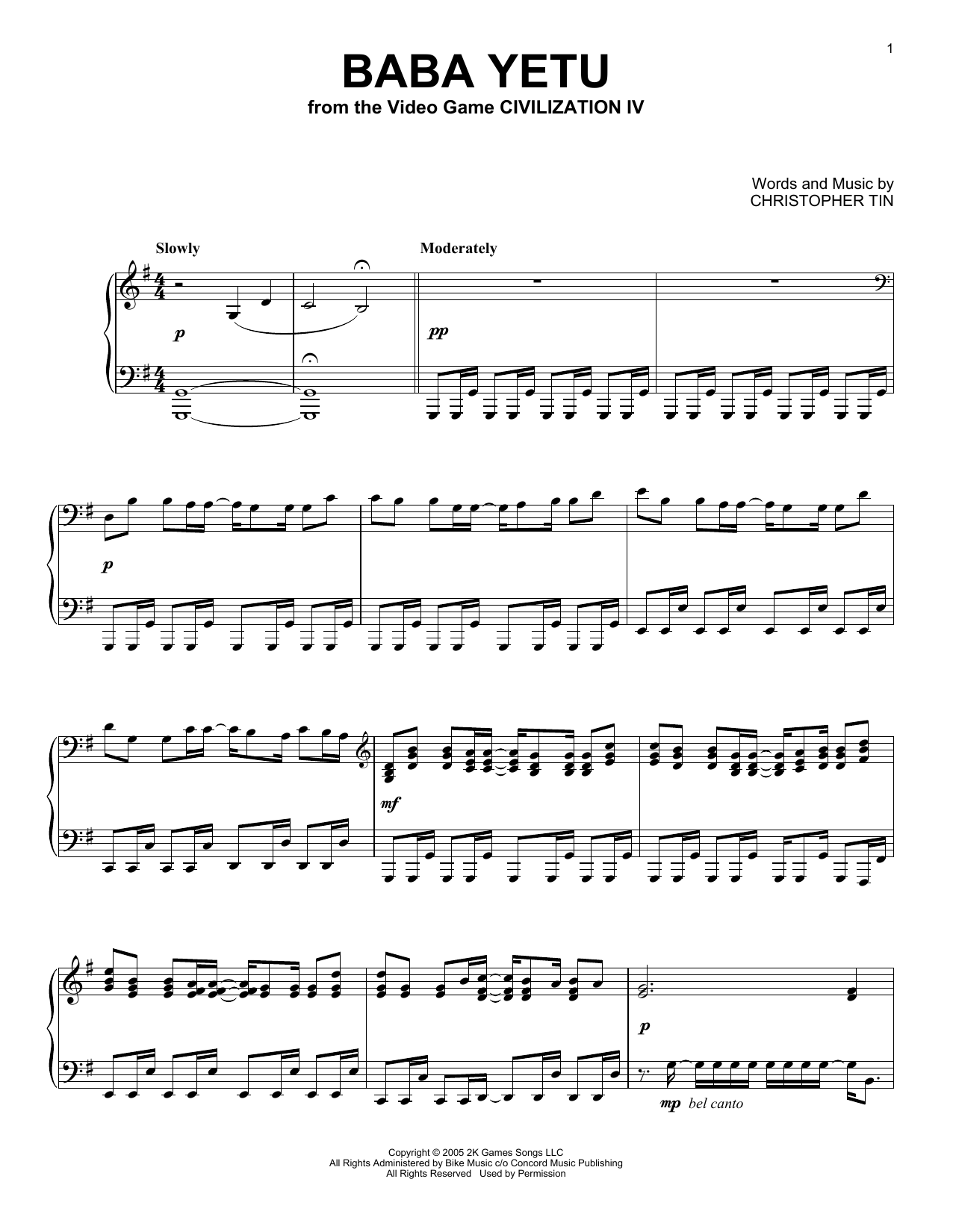 Christopher Tin Baba Yetu (from Civilization IV) sheet music notes and chords arranged for Piano Solo