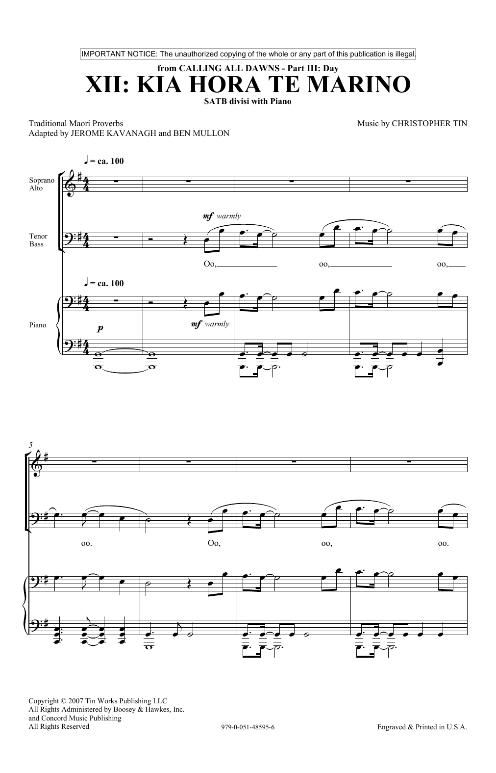 Christopher Tin Kia Hora Te Marino sheet music notes and chords arranged for Choir