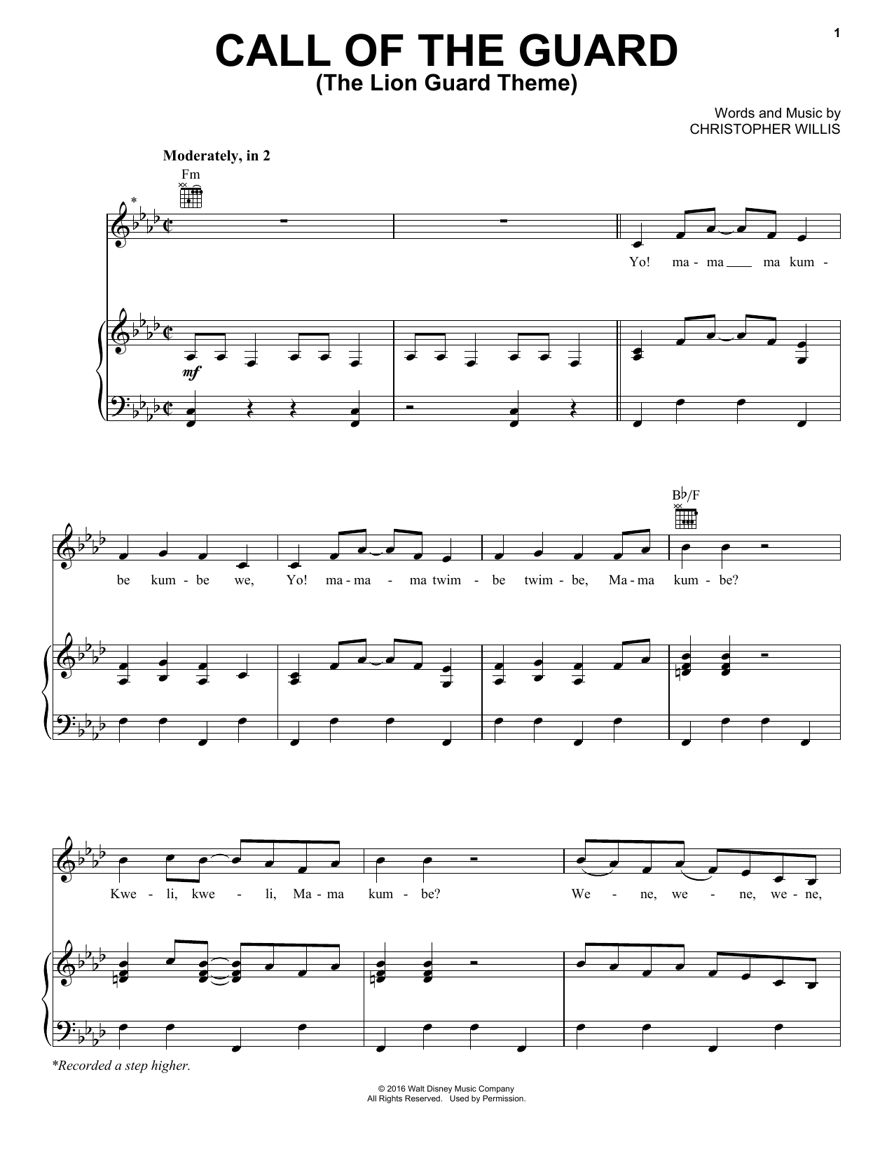 Christopher Willis Call Of The Guard (The Lion Guard Theme) sheet music notes and chords arranged for Piano, Vocal & Guitar Chords (Right-Hand Melody)