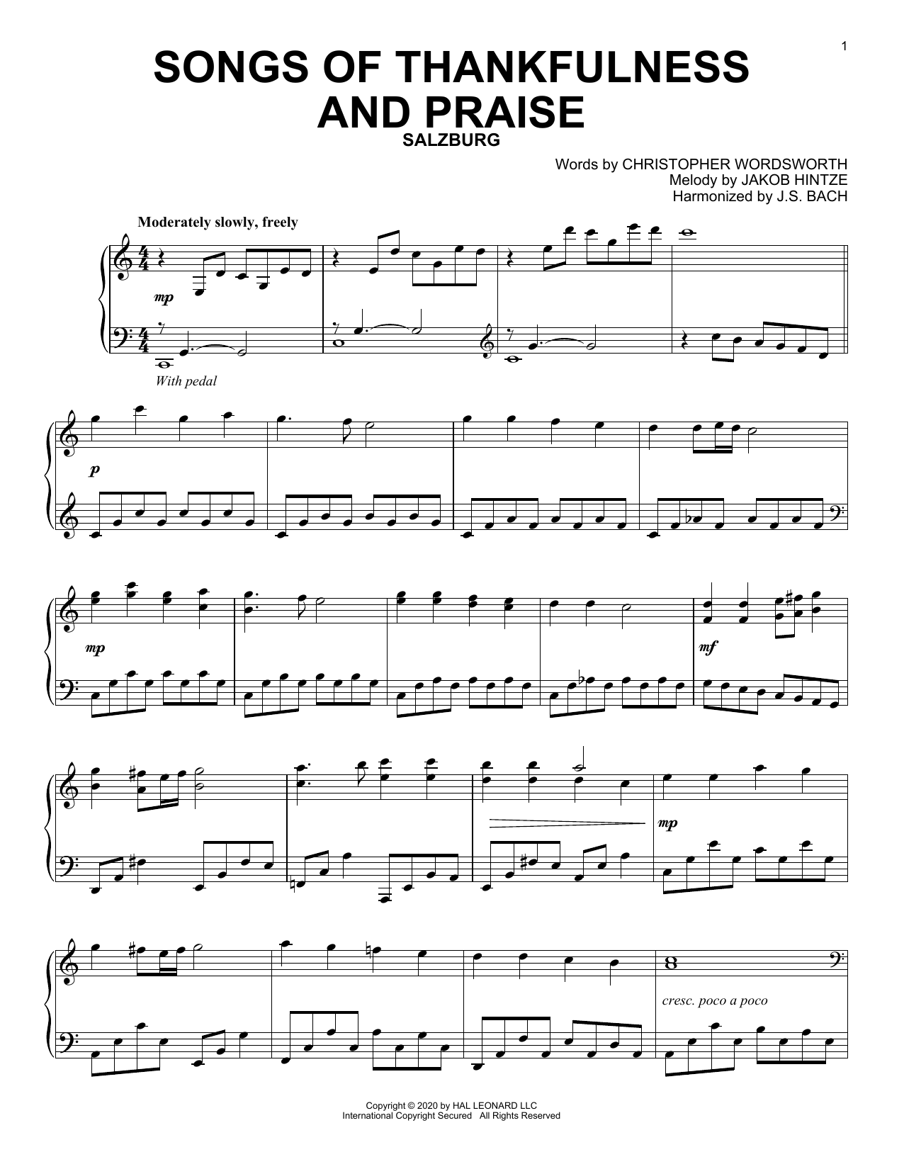 Christopher Wordsworth and Jakob Hintze Songs Of Thankfulness And Praise sheet music notes and chords arranged for Piano Solo