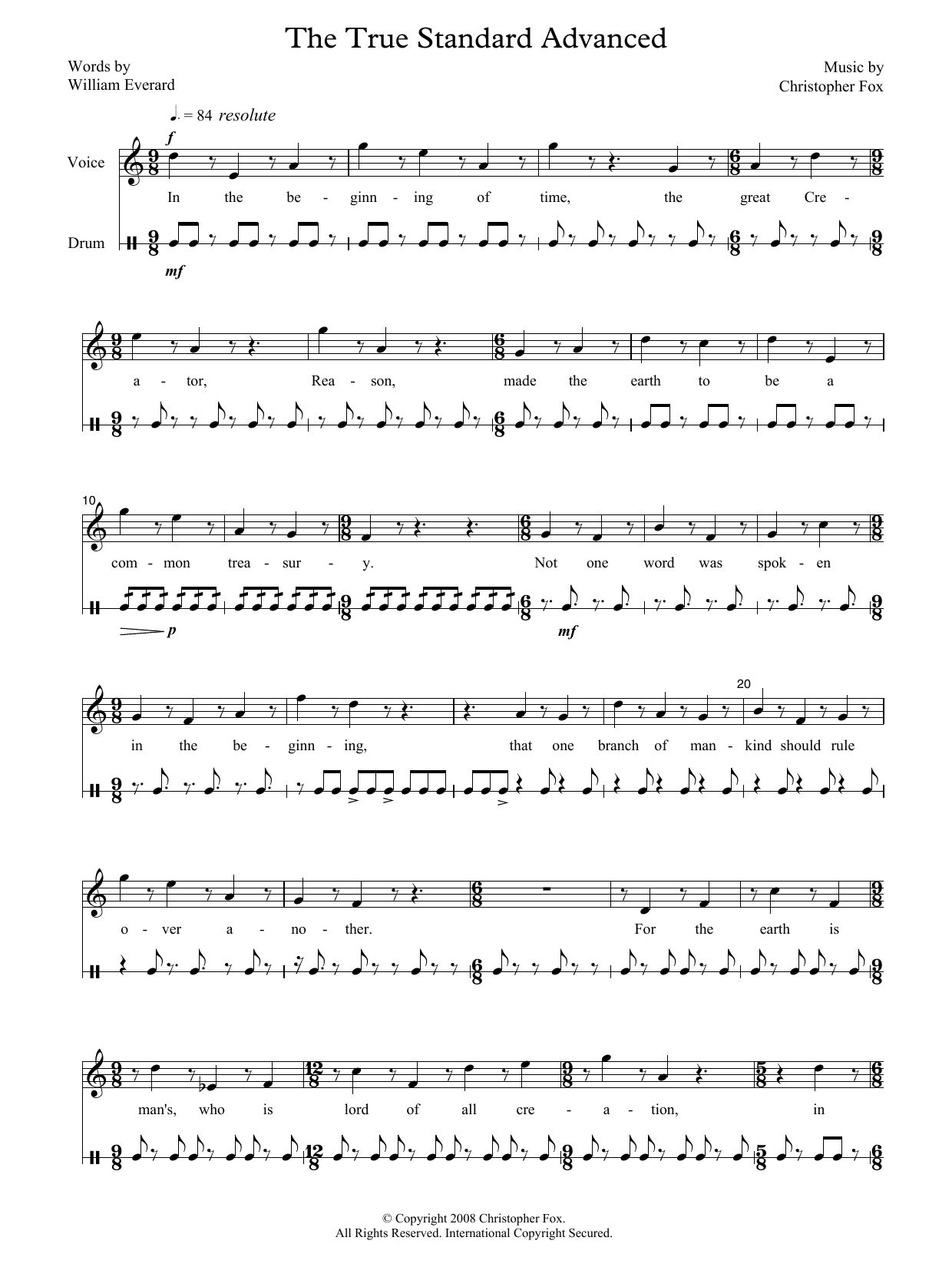 Christopher Fox The True Standard Advanced (for voice and drum) sheet music notes and chords arranged for Piano & Vocal