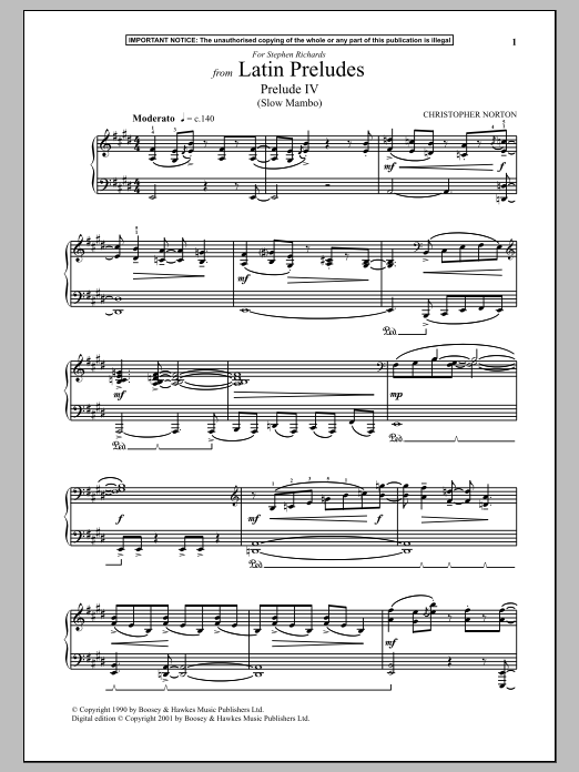 Christopher Norton Latin Preludes, Prelude IV (Slow Mambo) sheet music notes and chords arranged for Piano Solo