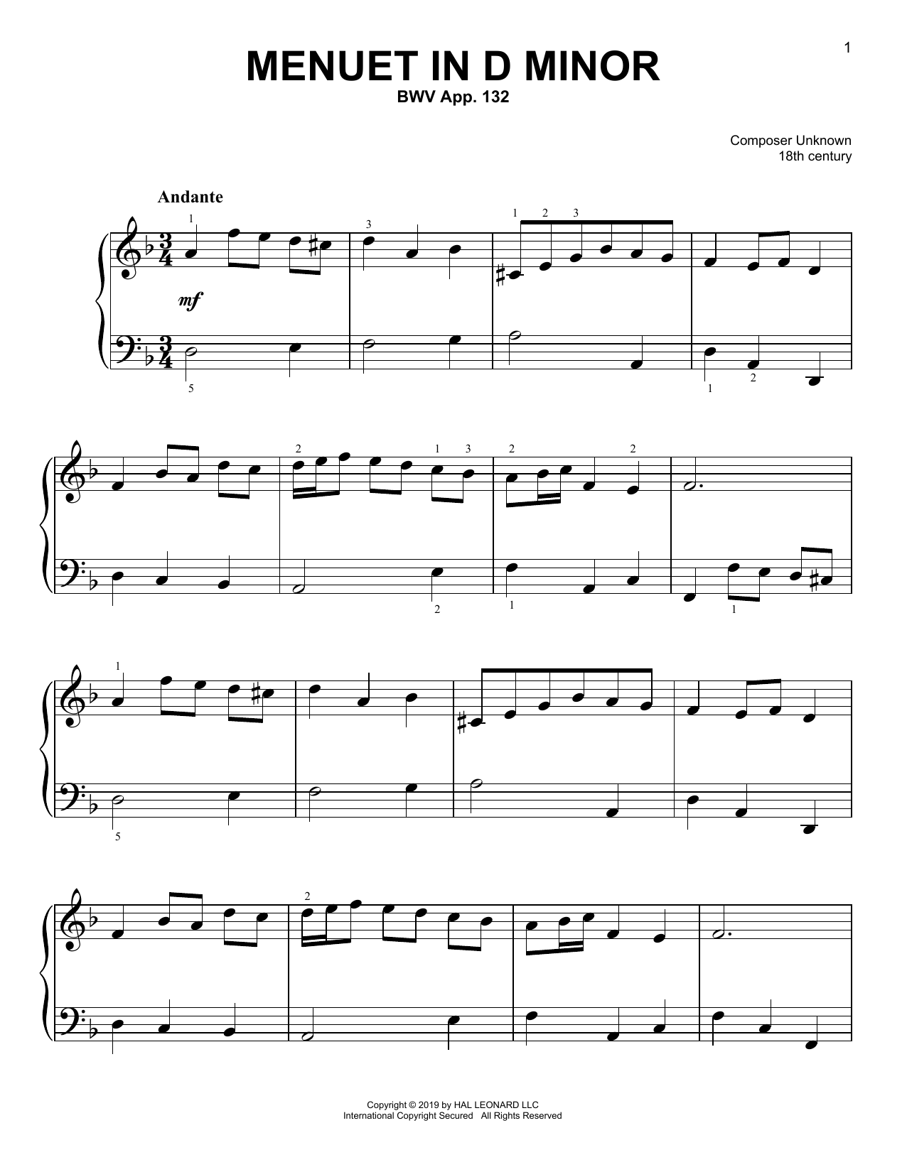 Christos Tsitsaros Menuet In D Minor, BWV App. 132 sheet music notes and chords arranged for Easy Piano