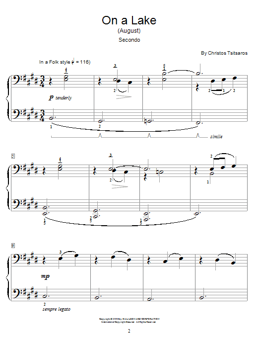 Christos Tsitsaros On A Lake (August) sheet music notes and chords arranged for Piano Duet