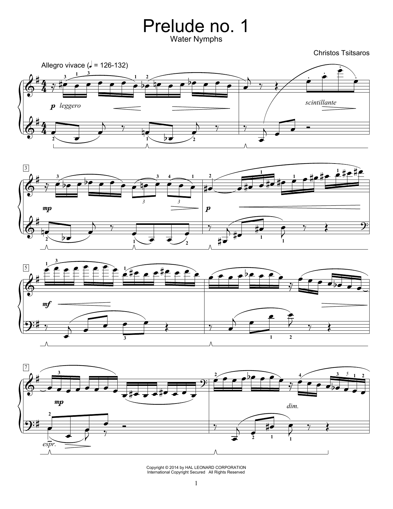Christos Tsitsaros Prelude No. 1 - Water Nymphs sheet music notes and chords arranged for Educational Piano