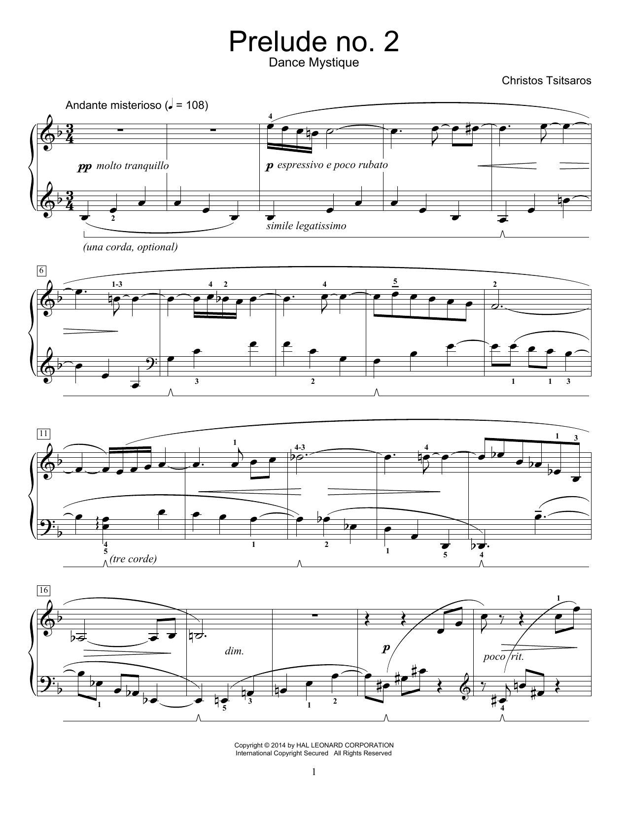 Christos Tsitsaros Prelude No. 2 - Dance Mystique sheet music notes and chords arranged for Educational Piano