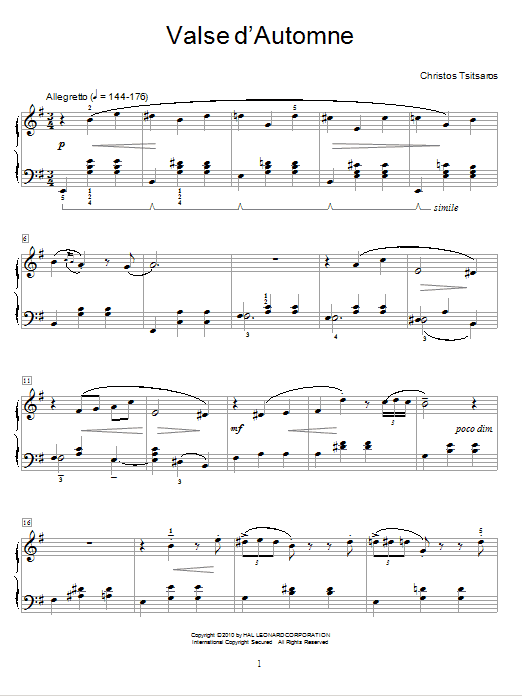 Christos Tsitsaros Valse D'Automne sheet music notes and chords arranged for Educational Piano