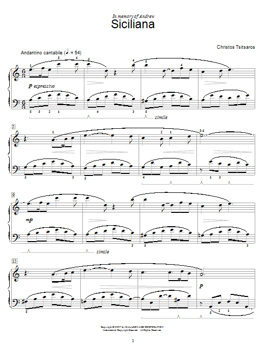 Christos Tsitsaros Siciliana sheet music notes and chords arranged for Educational Piano