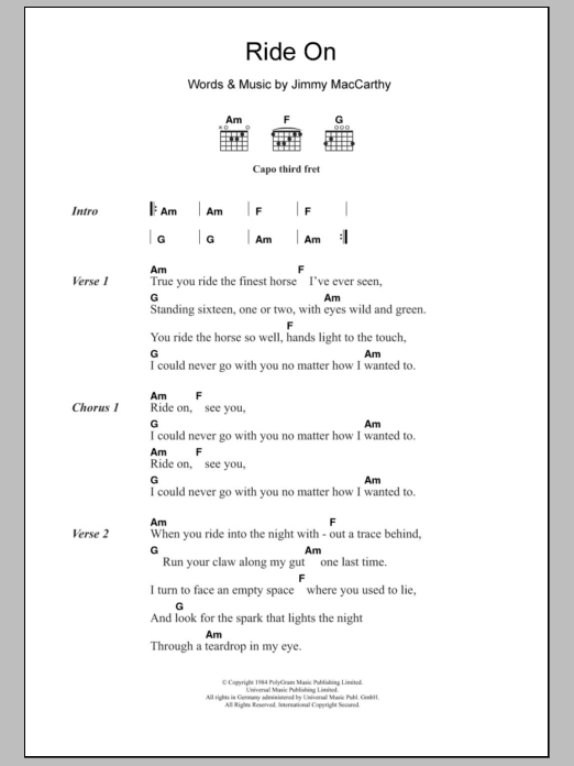 Christy Moore Ride On sheet music notes and chords arranged for Guitar Chords/Lyrics