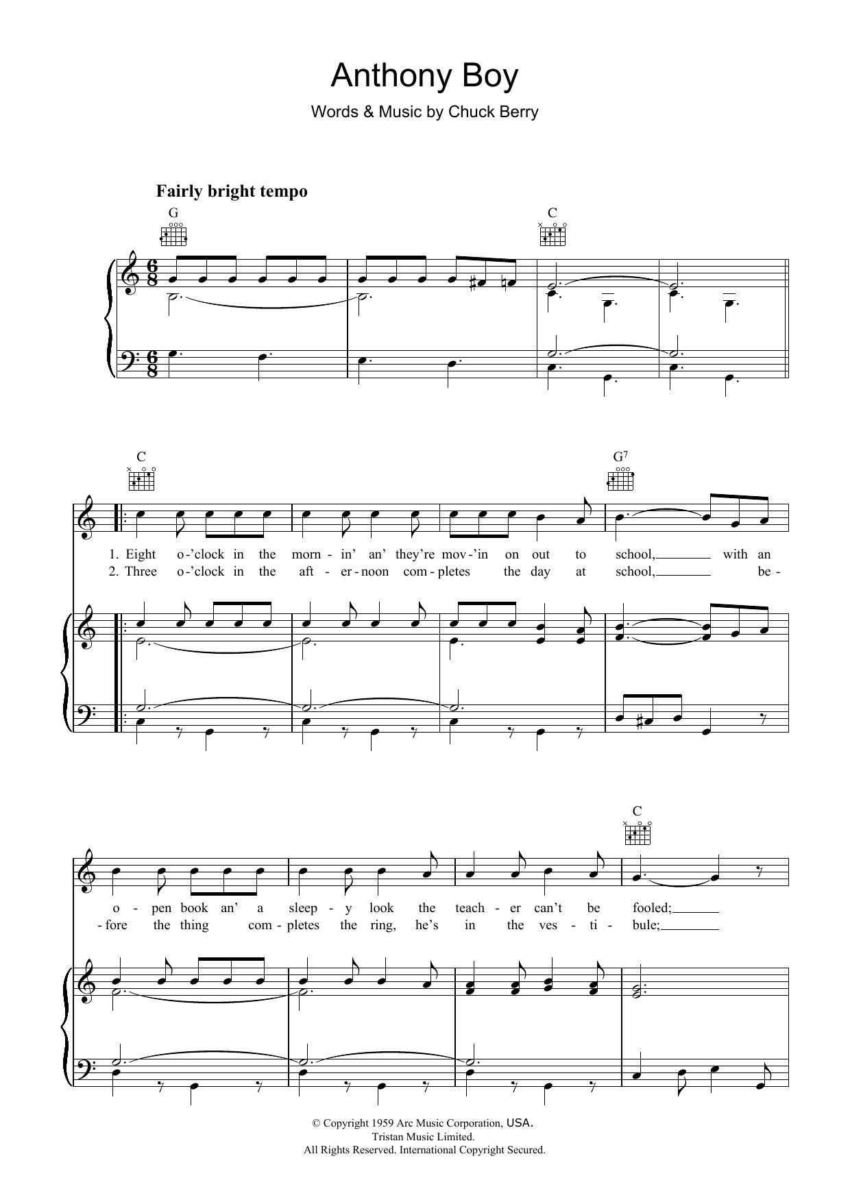 Chuck Berry Anthony Boy sheet music notes and chords arranged for Piano, Vocal & Guitar Chords