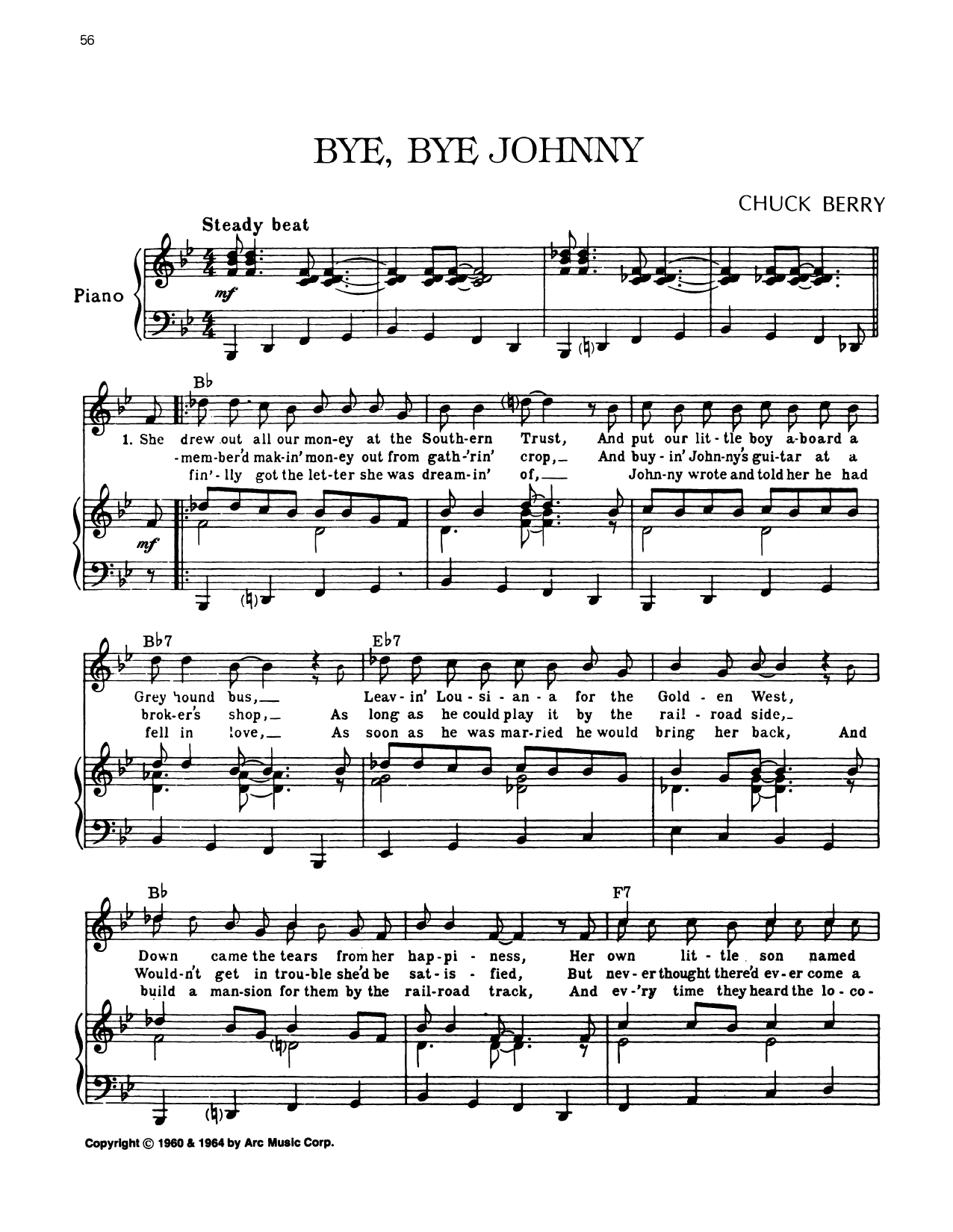 Chuck Berry Bye, Bye Johnny sheet music notes and chords arranged for Piano, Vocal & Guitar Chords (Right-Hand Melody)