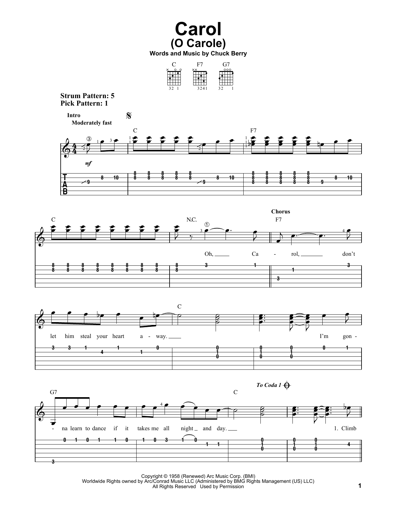Chuck Berry Carol (O Carole) sheet music notes and chords arranged for Easy Guitar Tab