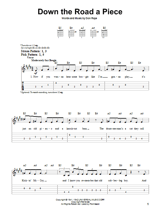 Chuck Berry Down The Road A Piece sheet music notes and chords arranged for Easy Guitar Tab