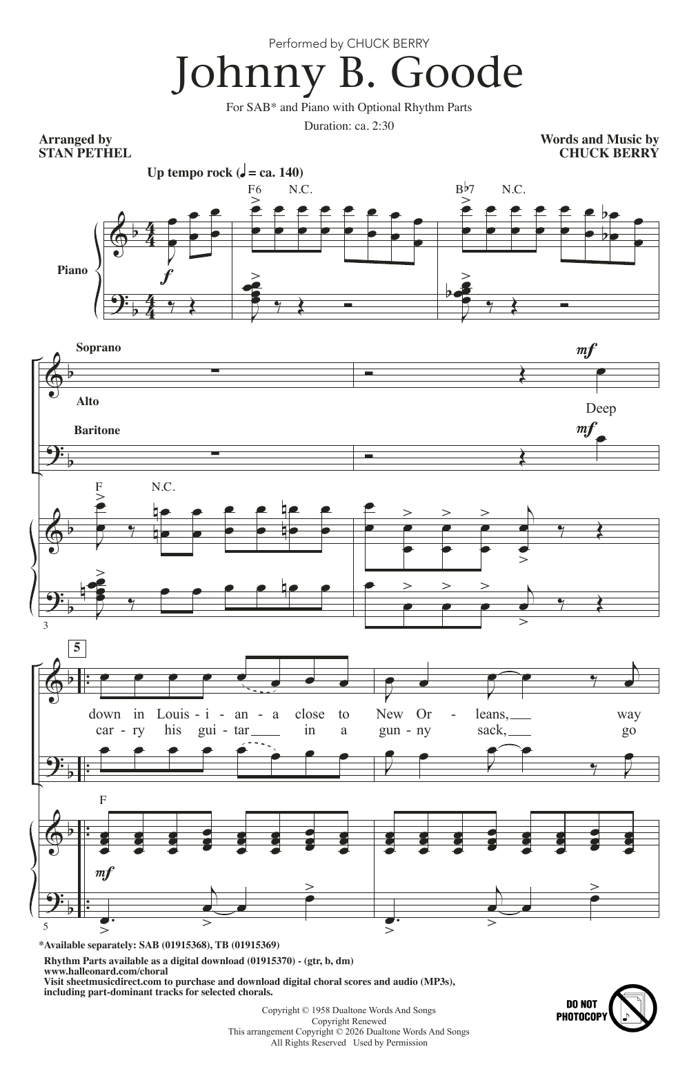 Chuck Berry Johnny B. Goode (arr. Stan Pethel) sheet music notes and chords arranged for SAB Choir