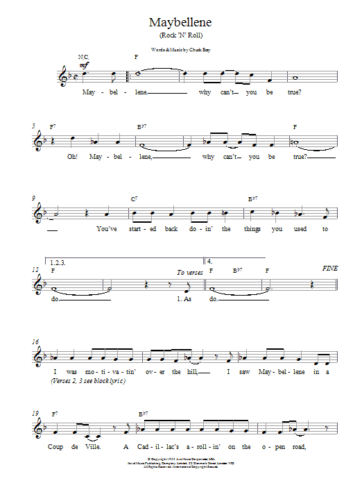 Chuck Berry Maybellene sheet music notes and chords arranged for Piano, Vocal & Guitar Chords