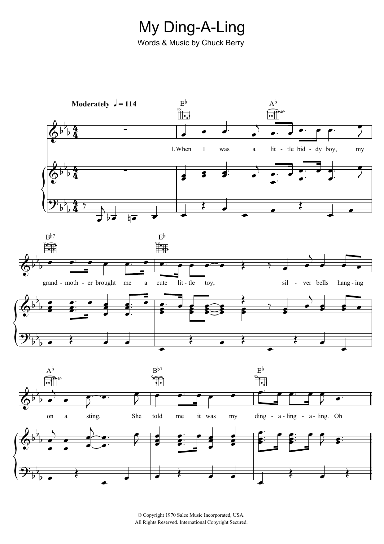 Chuck Berry My Ding-A-Ling sheet music notes and chords arranged for Piano, Vocal & Guitar Chords