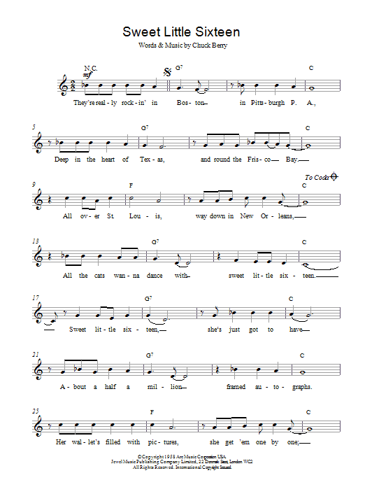Chuck Berry Sweet Little Sixteen sheet music notes and chords arranged for Guitar Chords/Lyrics